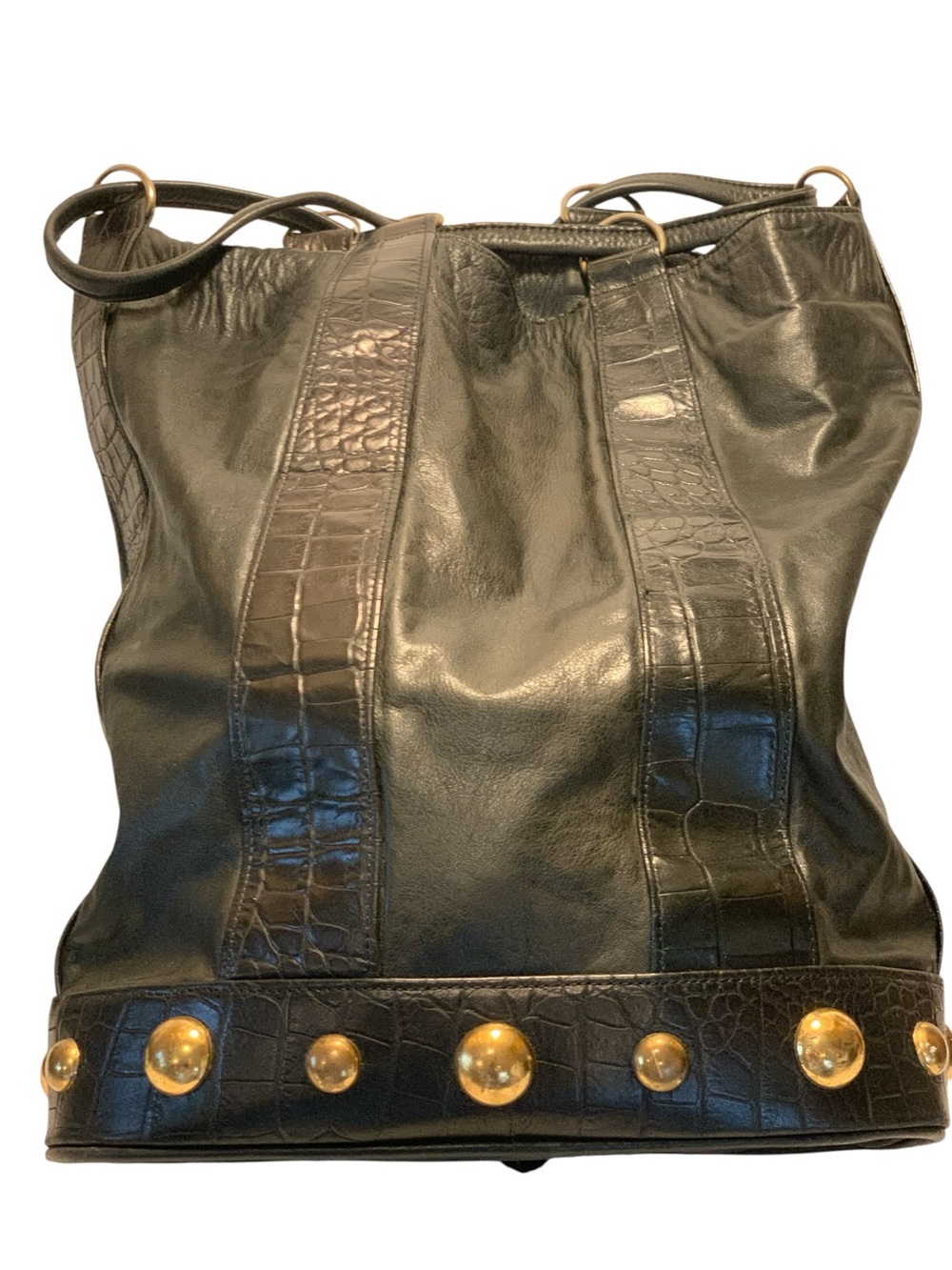 Black Leather Drawstring Backpack with Stud Accents very good condition - Picture 4 of 10